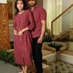 Couple Matching Maroon Cotton Anarkali Midi Dress and Shirt Set ? Vertical Stripe Ethnic Print