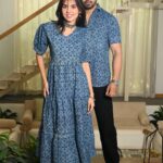 Couple Matching Blue Cotton Anarkali Midi Dress and Shirt Set ? Geometric Block Print